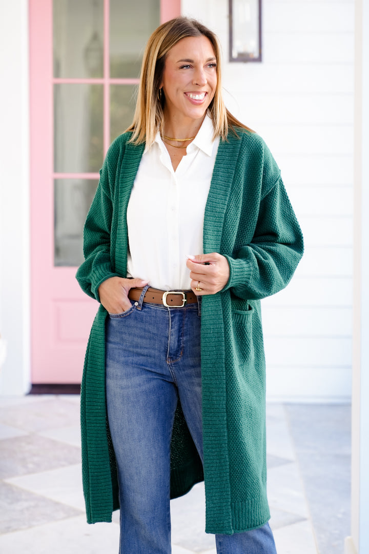 Green Long Sleeve Open Front Long Cardigan