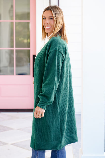 Green Long Sleeve Open Front Long Cardigan