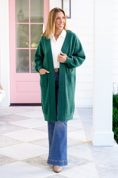 Green Long Sleeve Open Front Long Cardigan