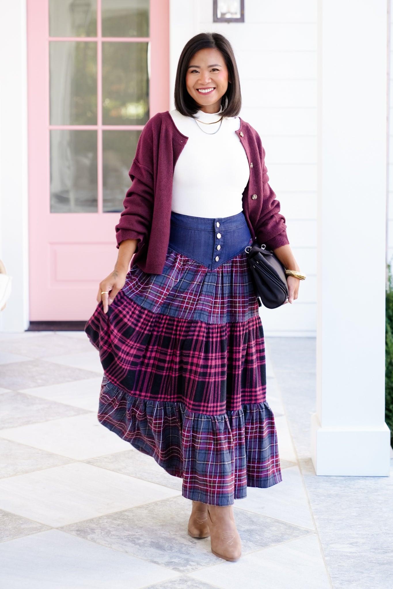 Plus/Reg Maxi Plaid Tiered Skirt with Front Buttons