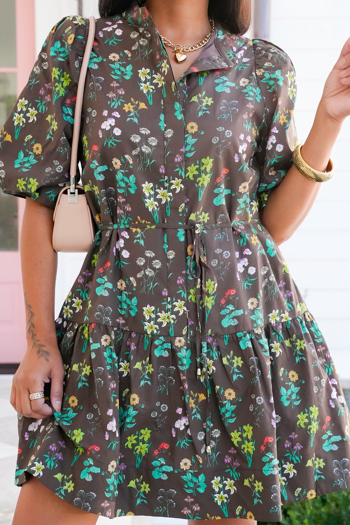 Floral Print Short Bubble Sleeve Mini Dress