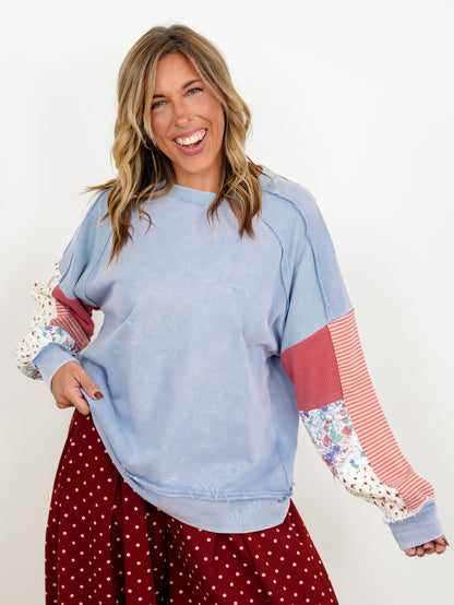 Plus/Reg Mixed Fabric Raglan Sleeve Sweatshirt