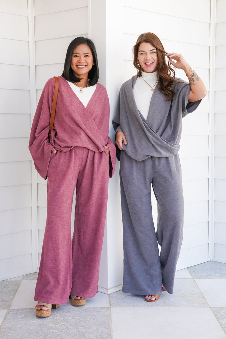 Door Buster! Plus/Reg Long Sleeve Wrap Front Top and Pant Set
