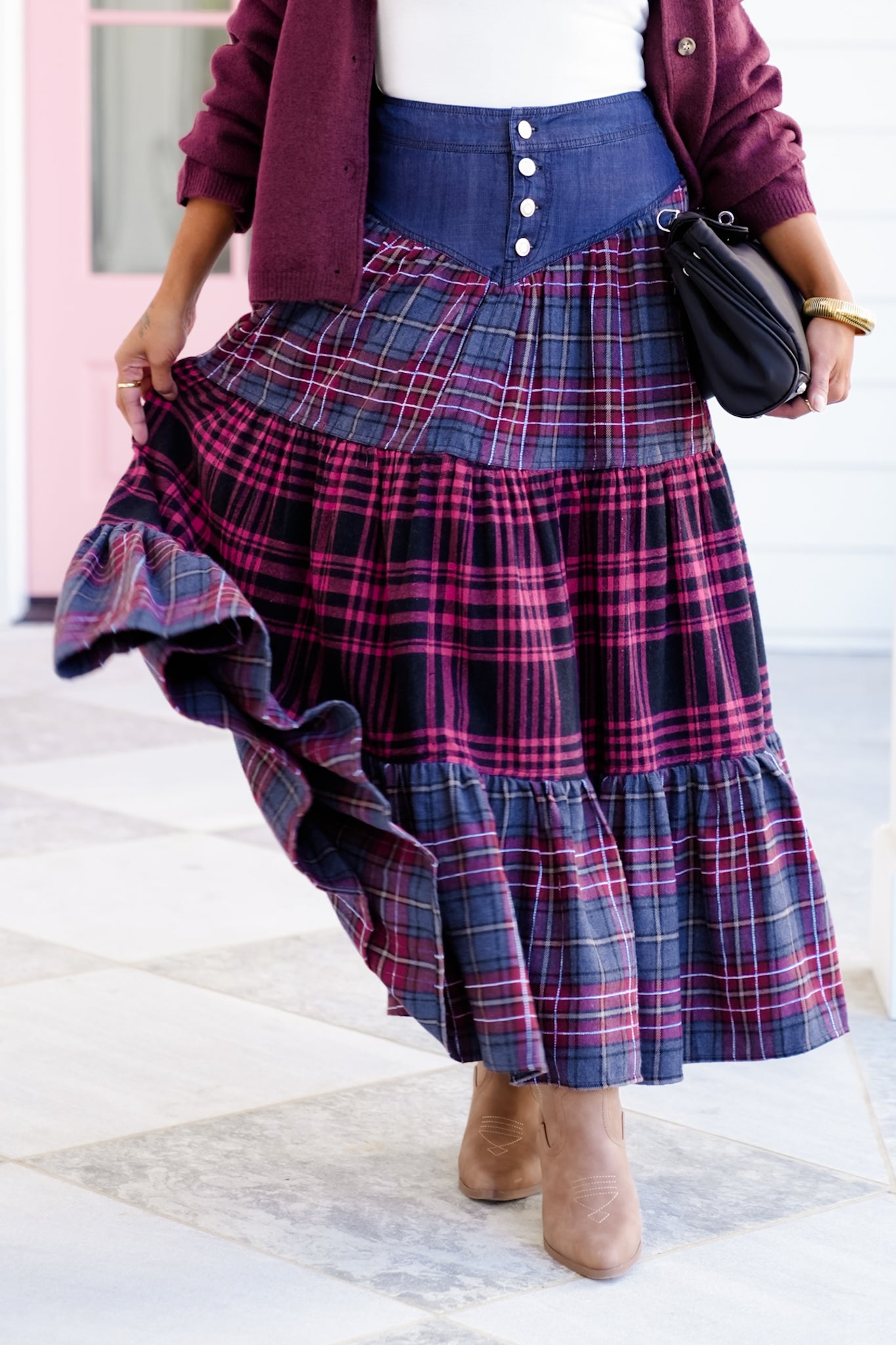 Plus/Reg Maxi Plaid Tiered Skirt with Front Buttons