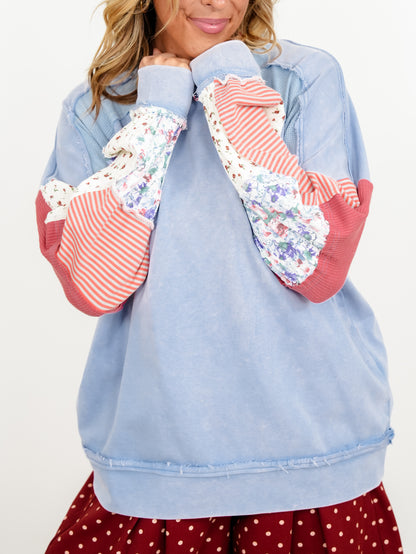 Plus/Reg Mixed Fabric Raglan Sleeve Sweatshirt