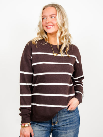 Door Buster! Zenana Striped Round Neck Sweater - Freckled Poppy