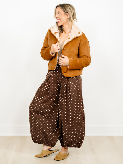 Vegan Suede/Sherpa Reversible Long Sleeve Button Down Jacket