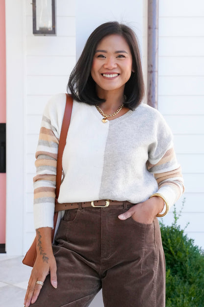 Color Block Stripe Long Sleeve V Neck Sweater