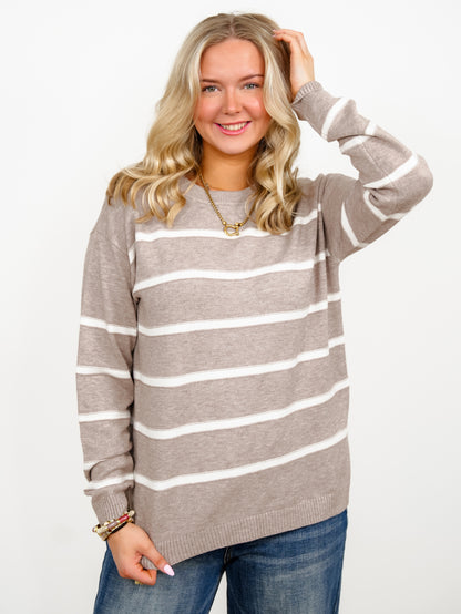 Door Buster! Zenana Striped Round Neck Sweater - Freckled Poppy