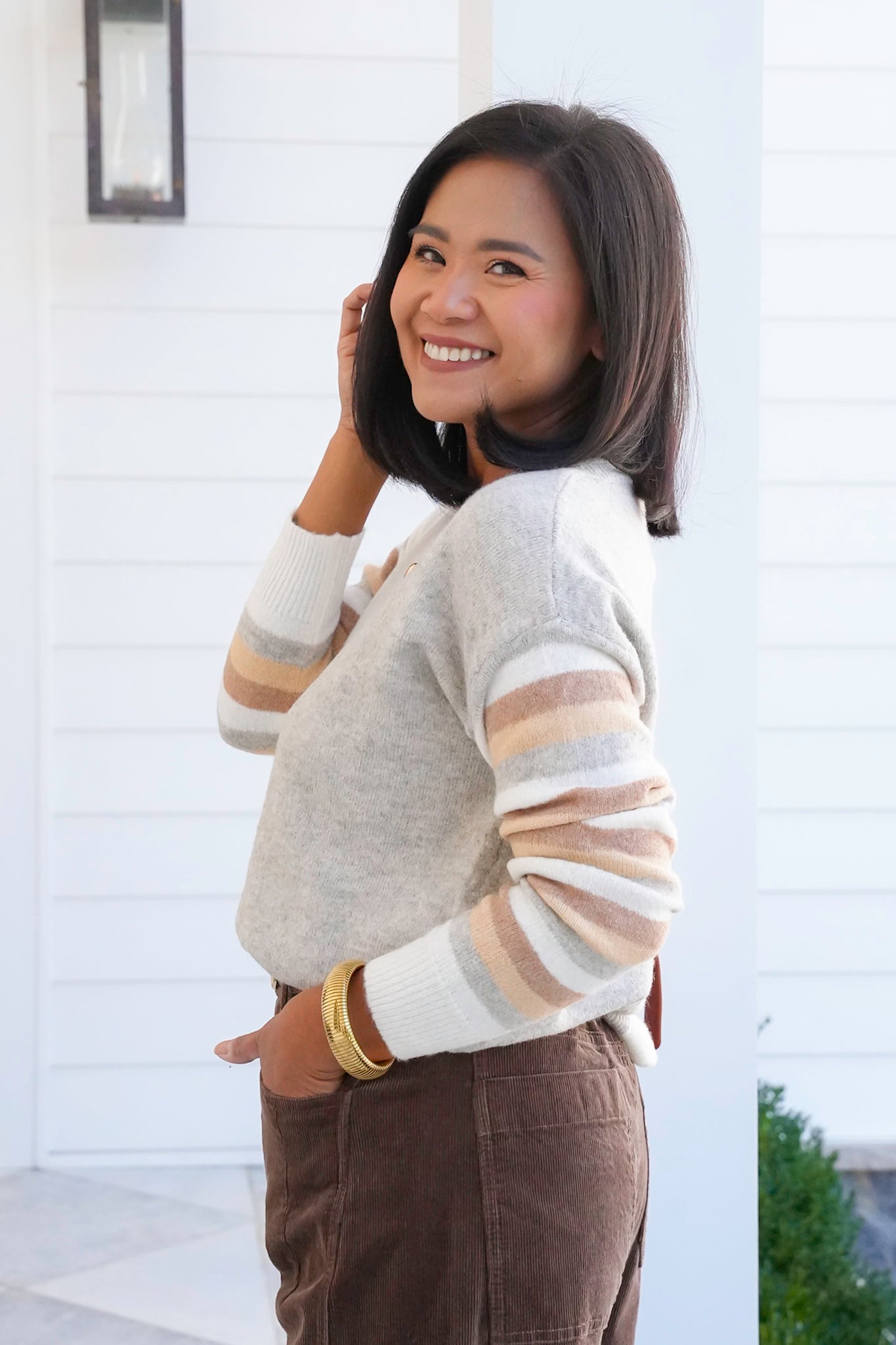 Color Block Stripe Long Sleeve V Neck Sweater