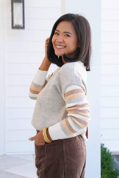Color Block Stripe Long Sleeve V Neck Sweater