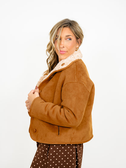 Vegan Suede/Sherpa Reversible Long Sleeve Button Down Jacket