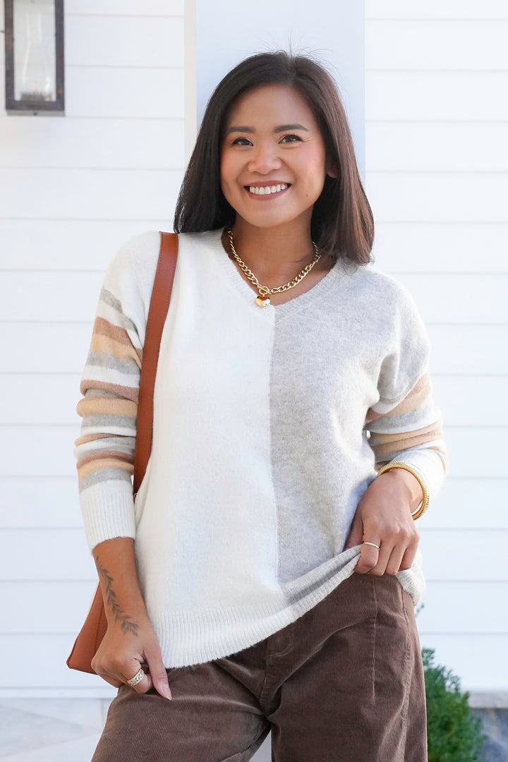 Color Block Stripe Long Sleeve V Neck Sweater