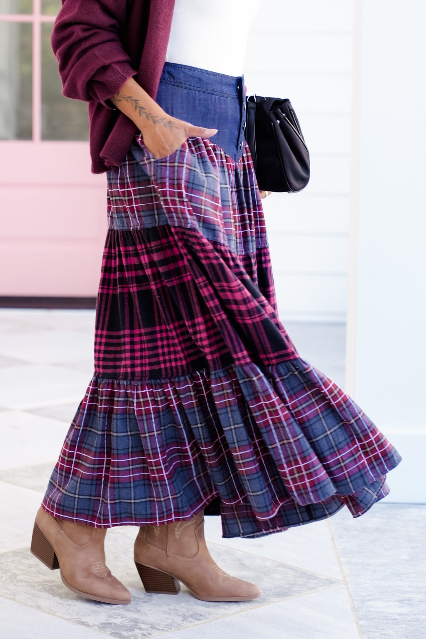Plus/Reg Maxi Plaid Tiered Skirt with Front Buttons