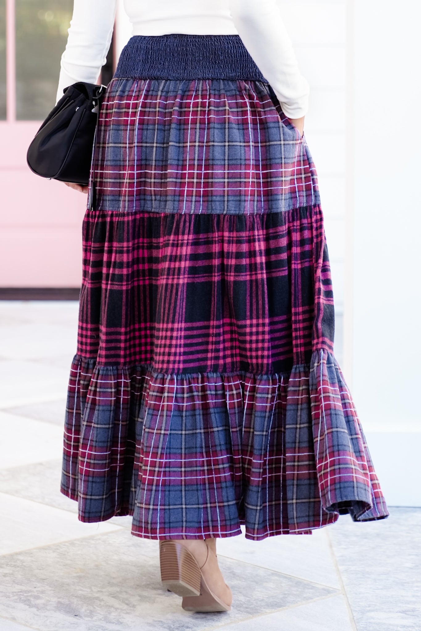 Plus/Reg Maxi Plaid Tiered Skirt with Front Buttons
