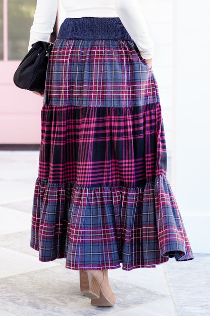 Plus/Reg Maxi Plaid Tiered Skirt with Front Buttons