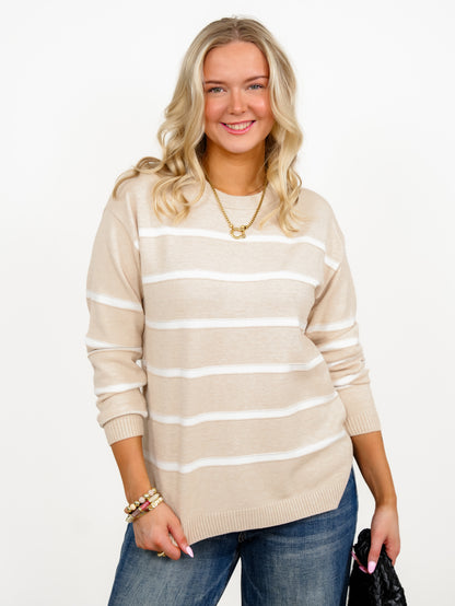 Door Buster! Zenana Striped Round Neck Sweater - Freckled Poppy