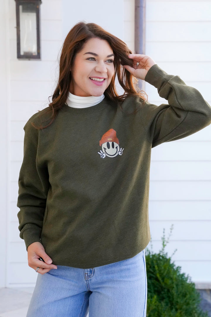 Plus/Reg Long Sleeve Smiley Face Emoji Graphic Sweatshirt
