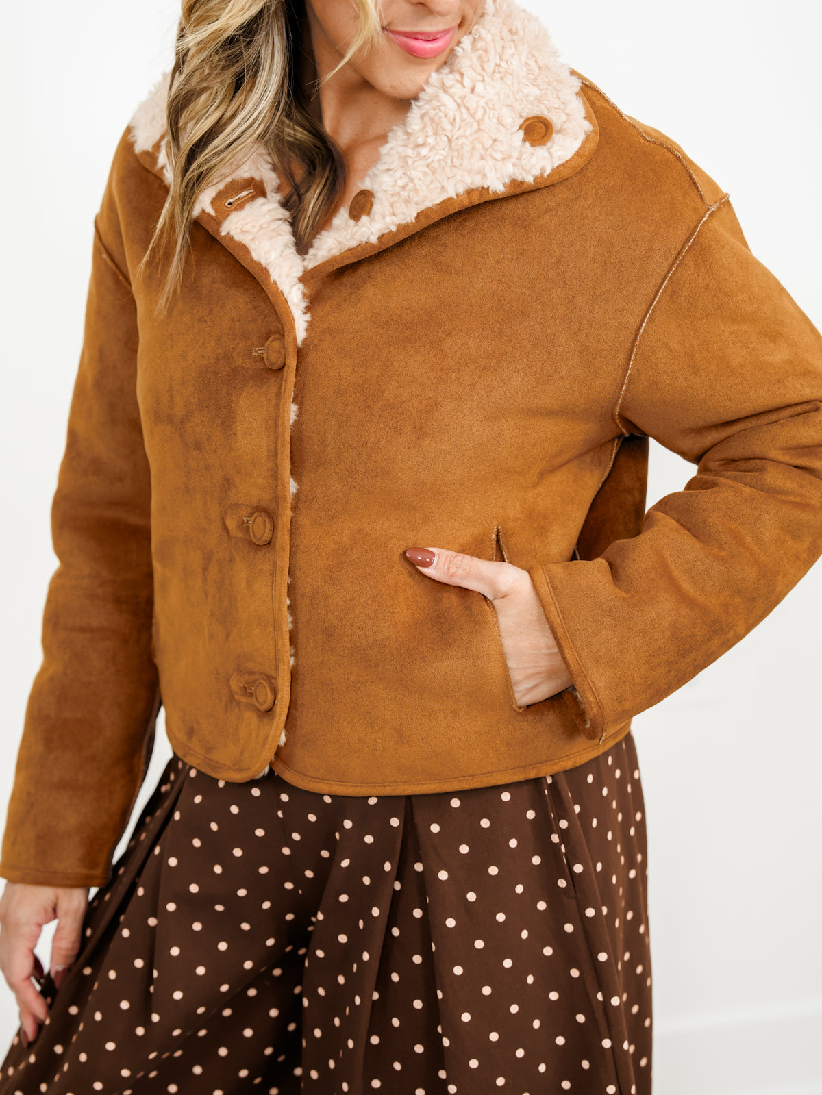 Vegan Suede/Sherpa Reversible Long Sleeve Button Down Jacket