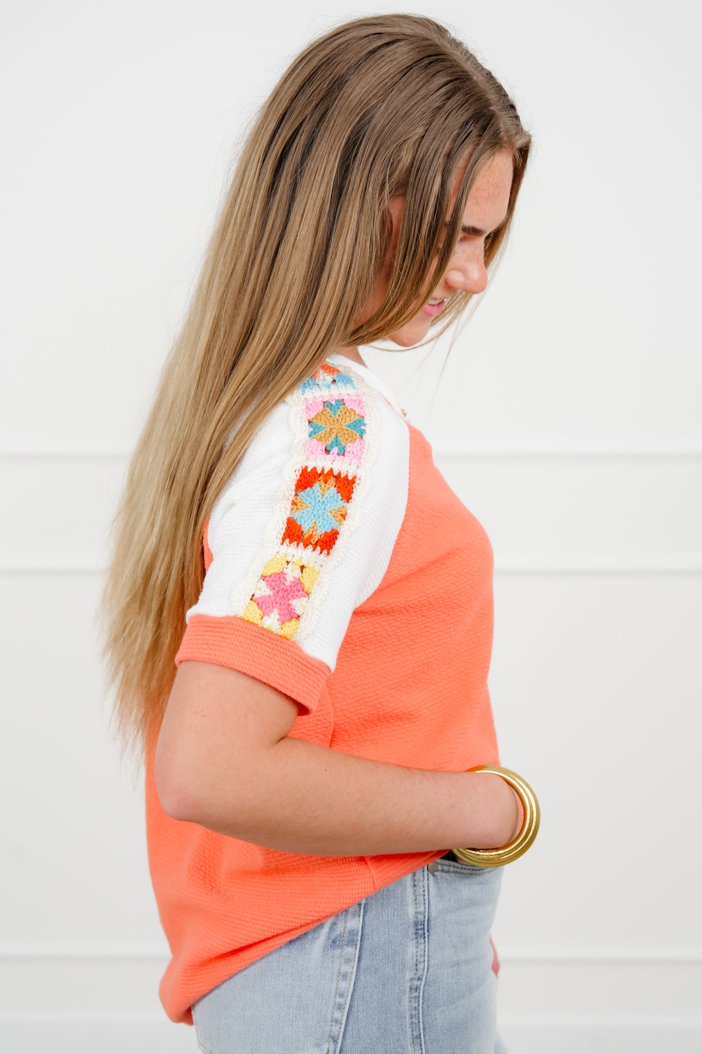 Waffle Knit Short Sleeve V Neck Top with Crocheted Detail