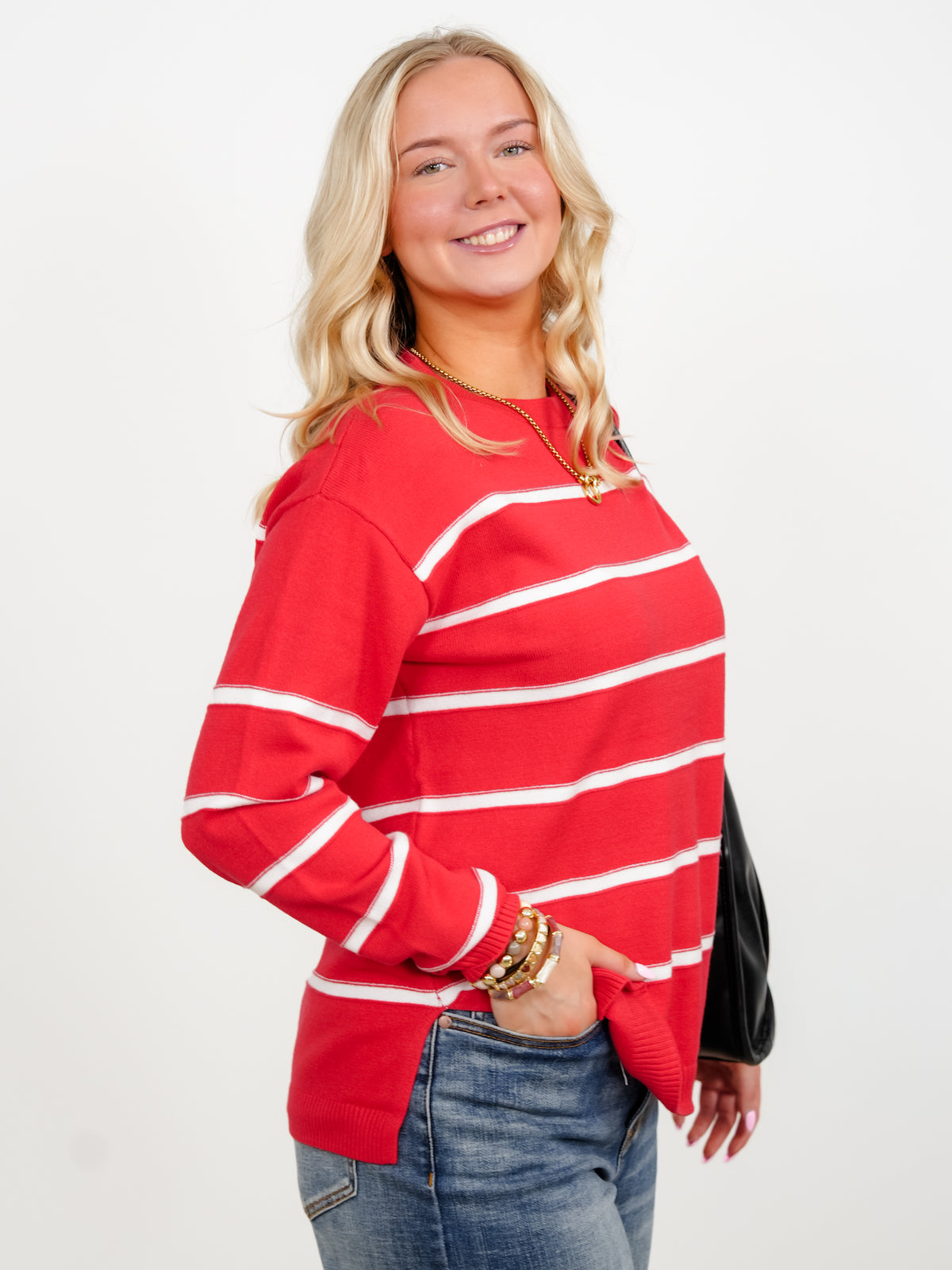 Door Buster! Zenana Striped Round Neck Sweater - Freckled Poppy