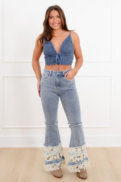 Lace Deep V Neck Lace-Up Crop Top