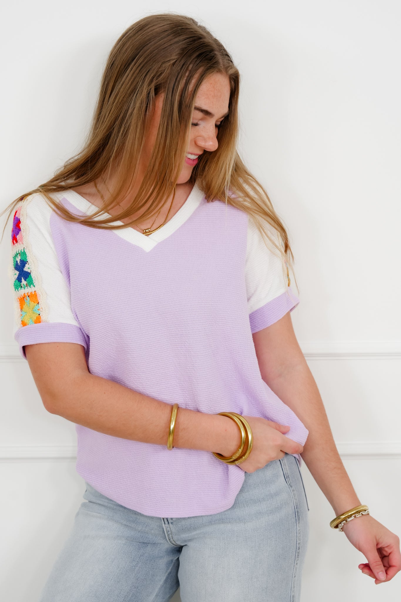 Waffle Knit Short Sleeve V Neck Top with Crocheted Detail
