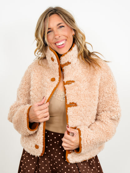 Vegan Suede/Sherpa Reversible Long Sleeve Button Down Jacket
