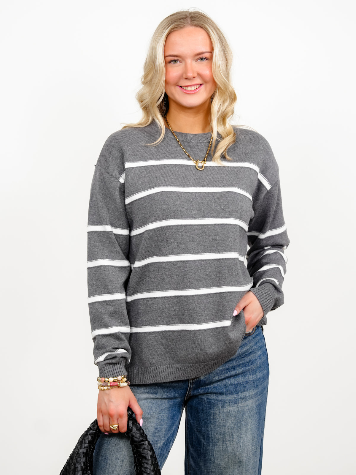 Door Buster! Zenana Striped Round Neck Sweater - Freckled Poppy
