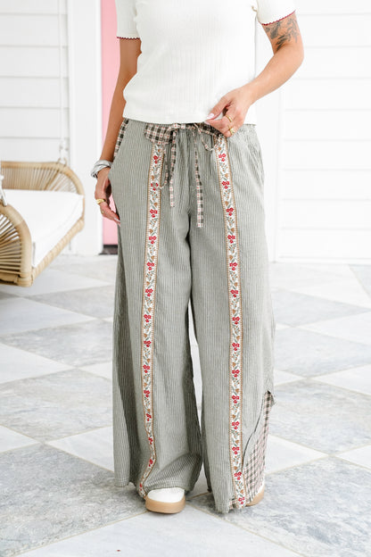 POL Woven Stripe Wide Leg Pants with Floral Trim Detail
