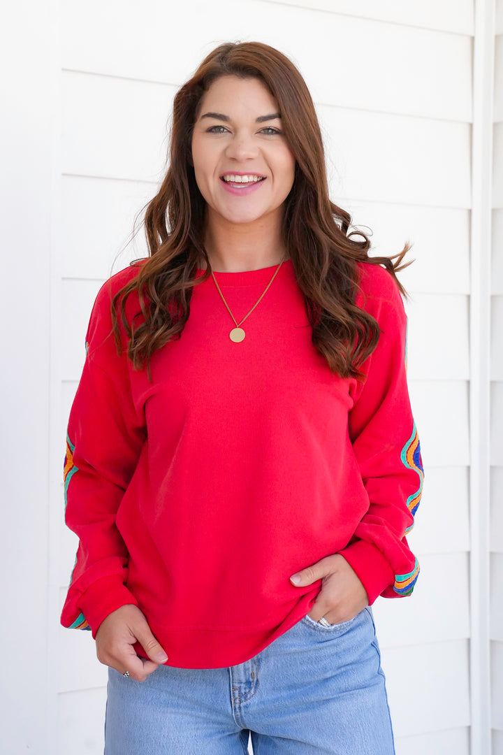 Red Long Sleeve Pullover Sweatshirt with Stripes