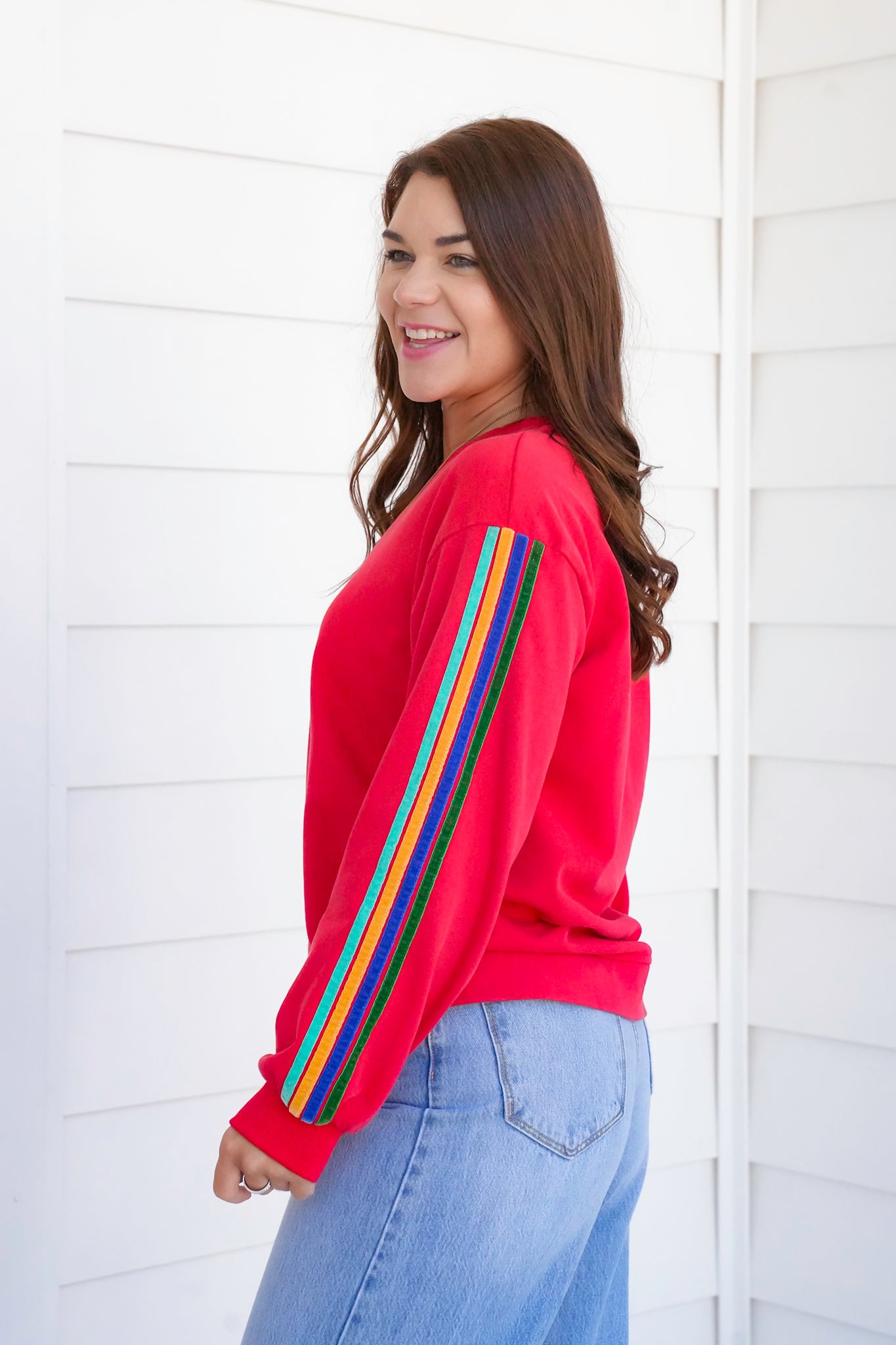 Red Long Sleeve Pullover Sweatshirt with Stripes