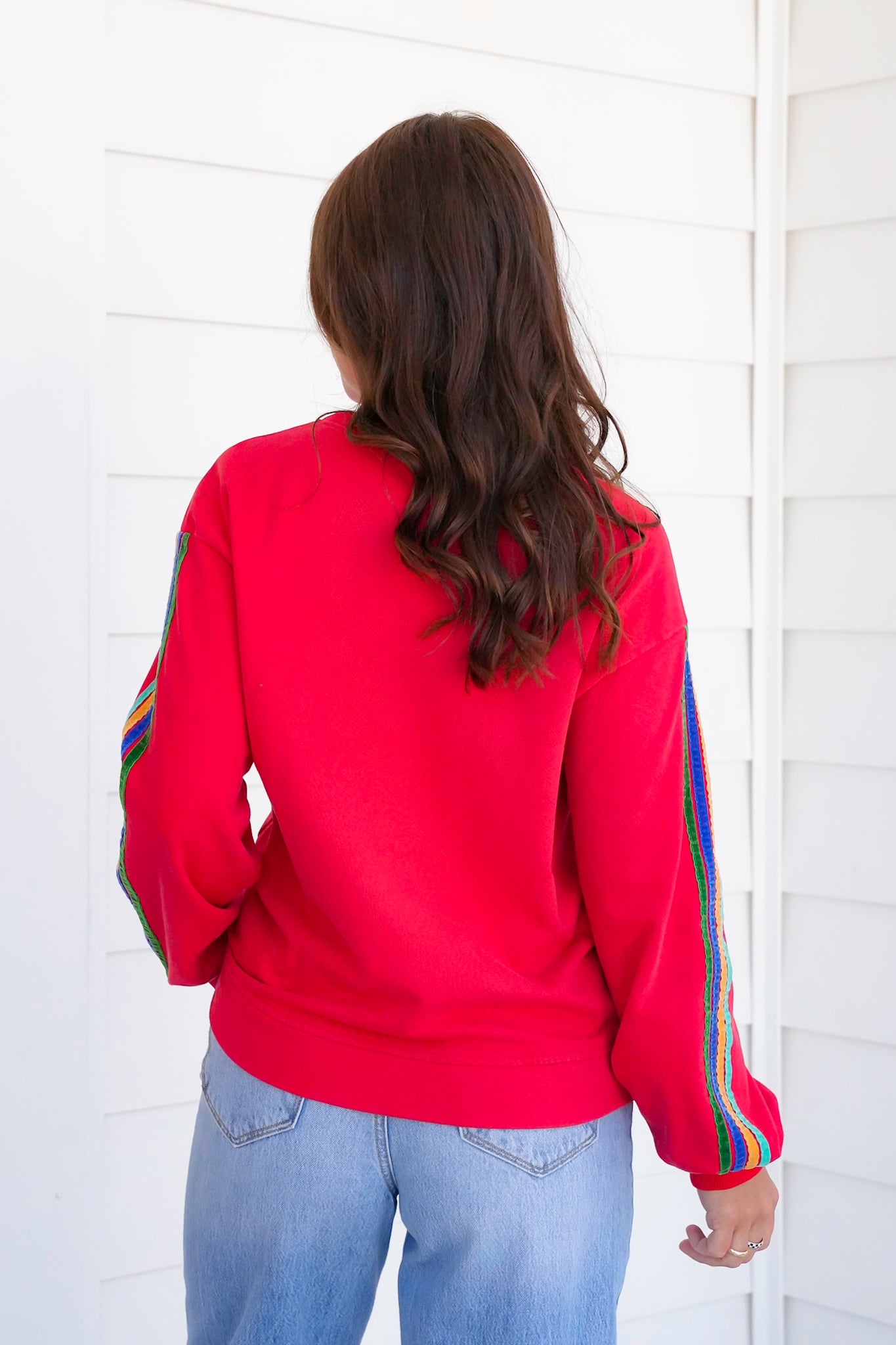 Red Long Sleeve Pullover Sweatshirt with Stripes
