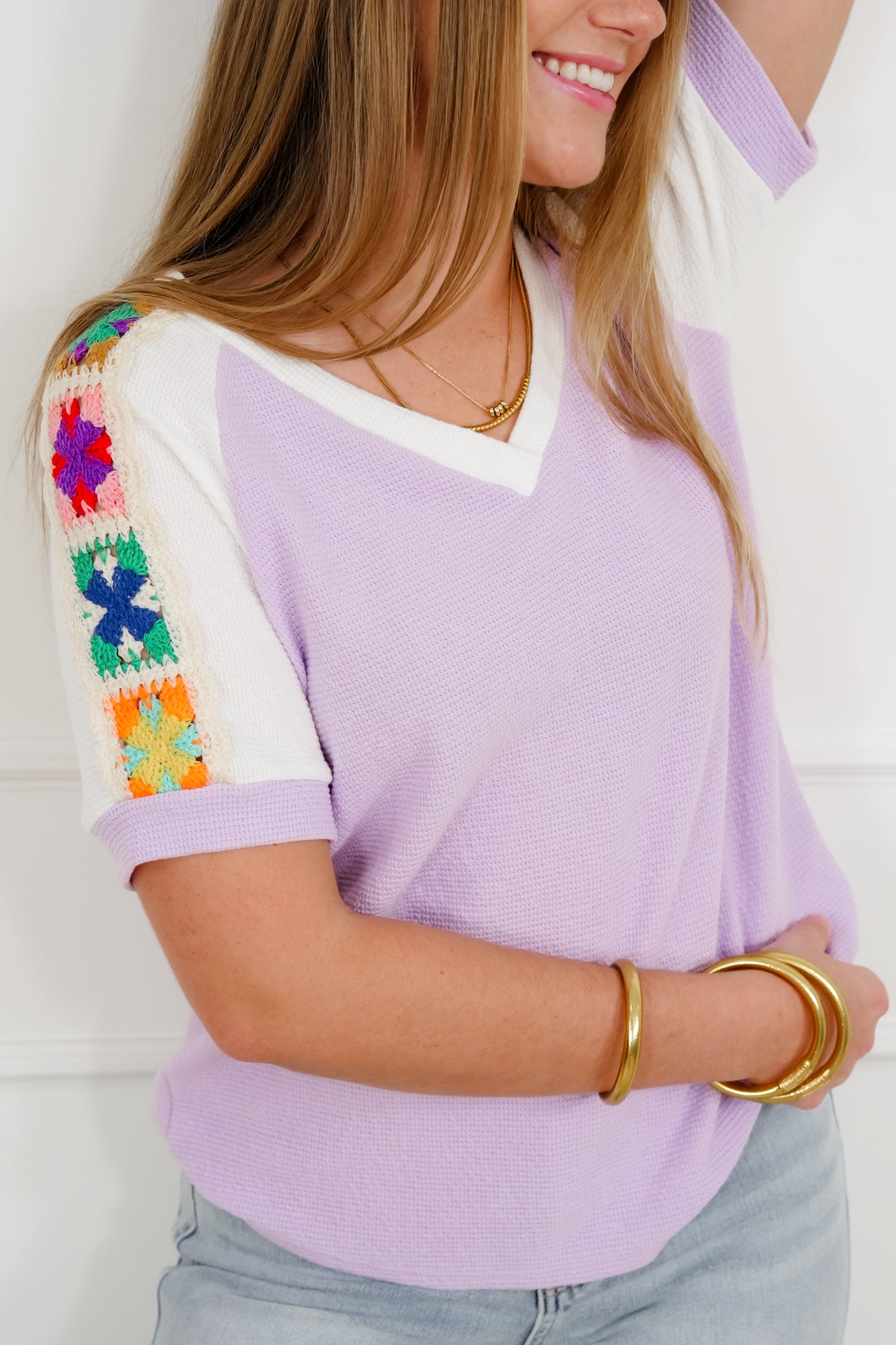 Waffle Knit Short Sleeve V Neck Top with Crocheted Detail