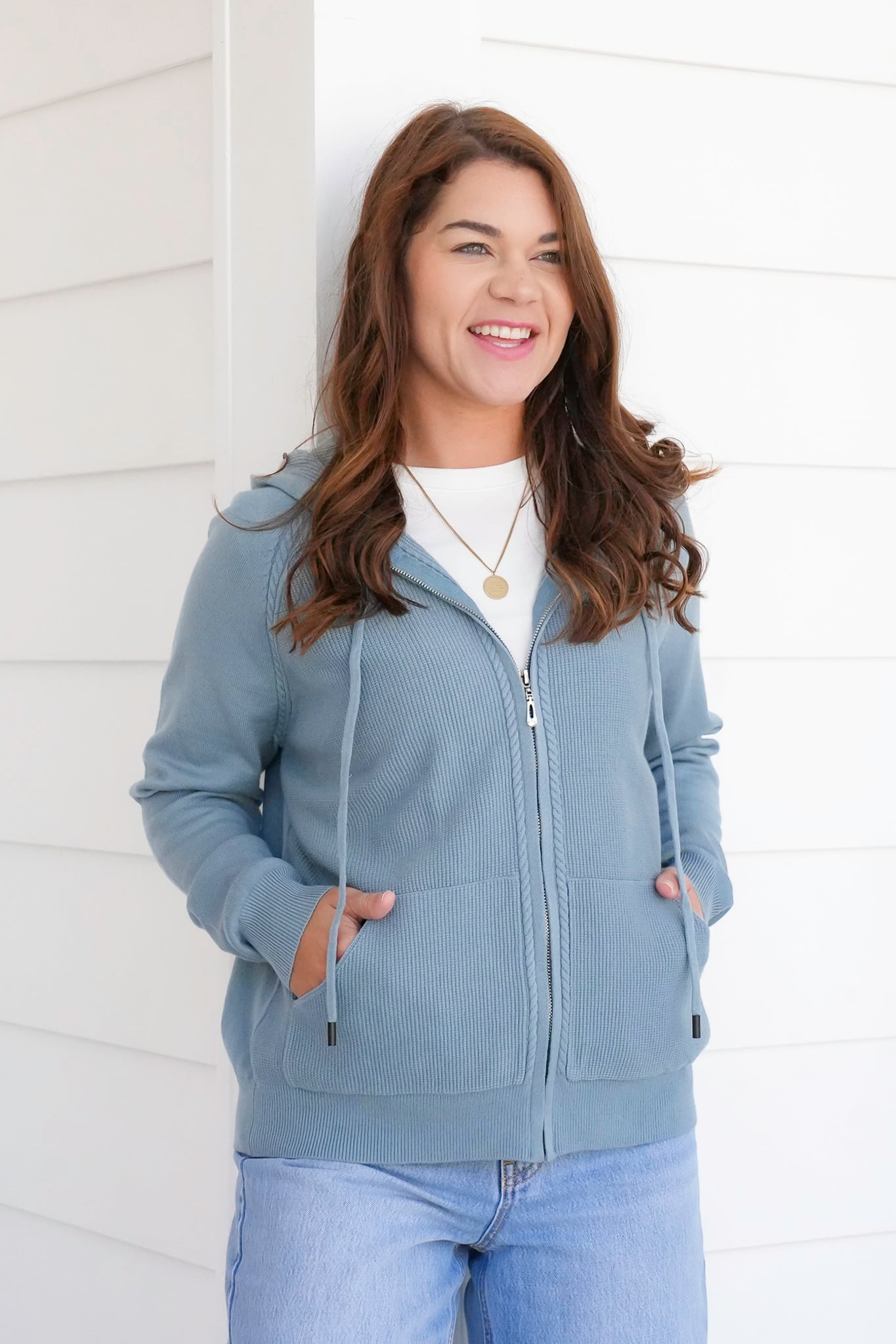 Thermal Knit Long Sleeve Zip-Up Hoodie