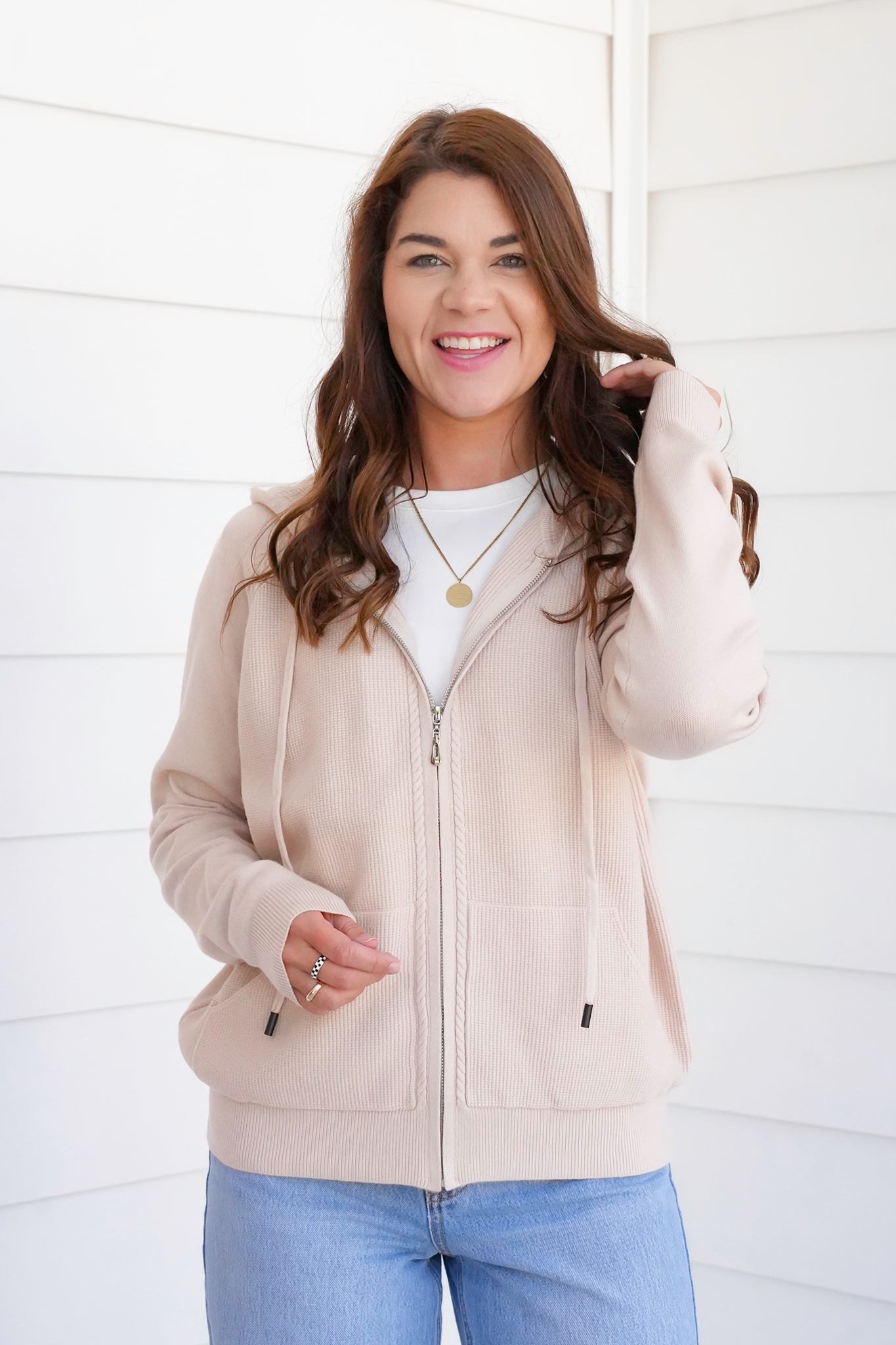 Thermal Knit Long Sleeve Zip-Up Hoodie