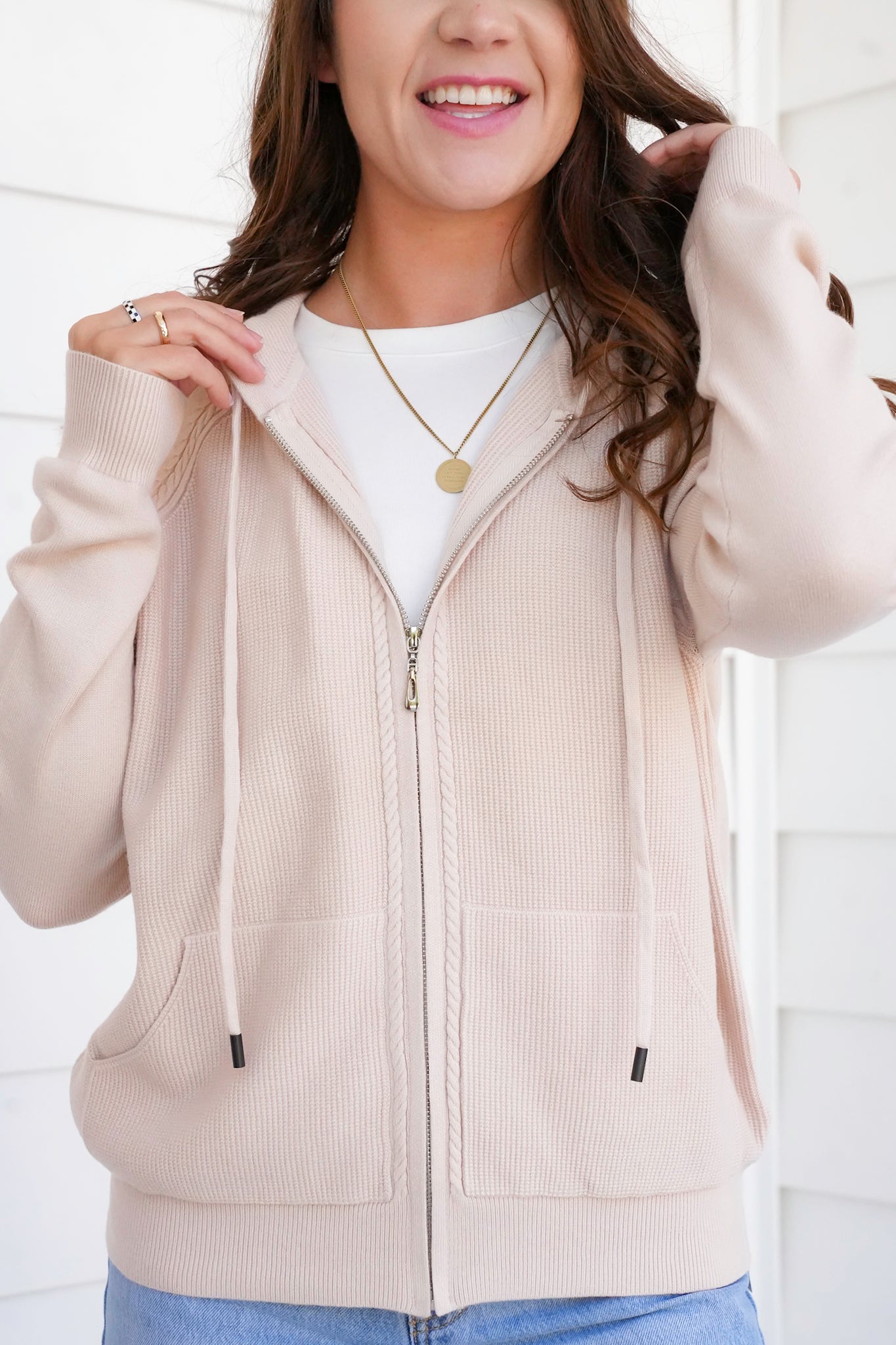 Thermal Knit Long Sleeve Zip-Up Hoodie