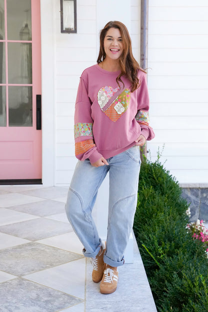 Plus/Reg Floral Heart Patch Long Sleeve Pullover
