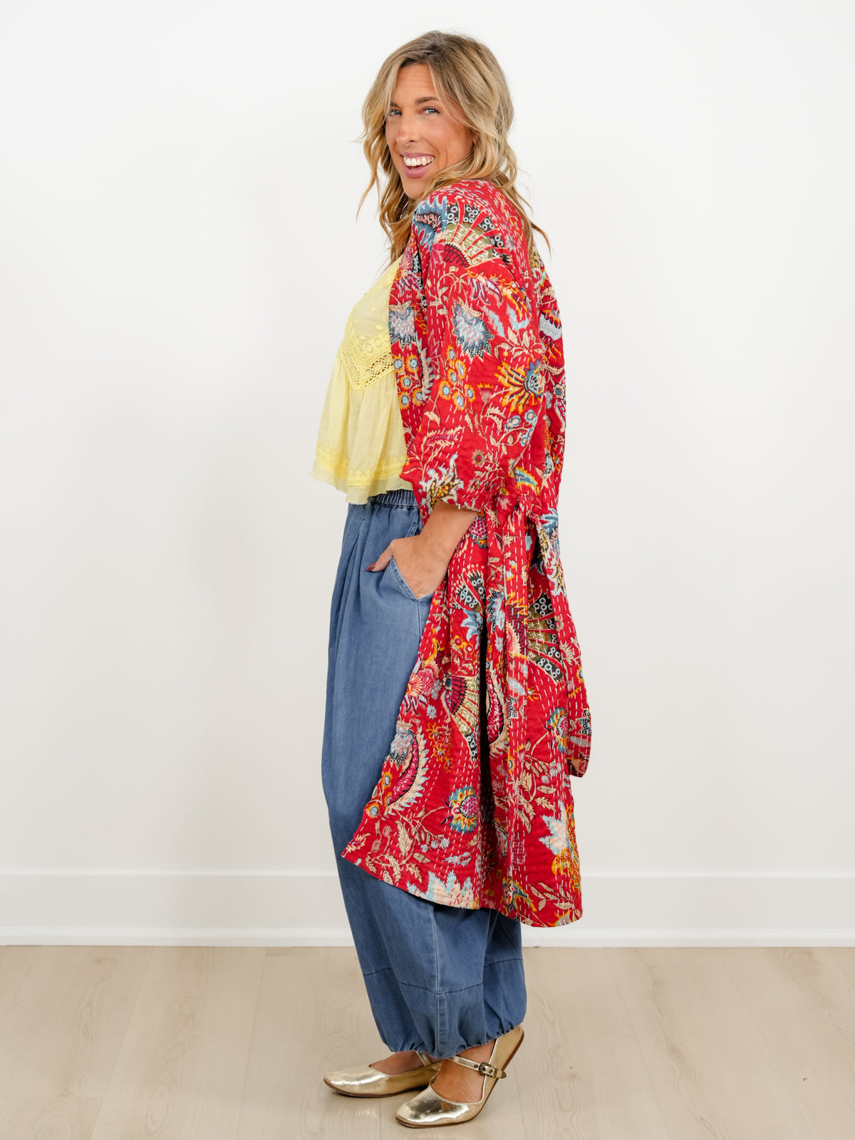 POL Quilted Paisley Short Sleeve Kimono Robe