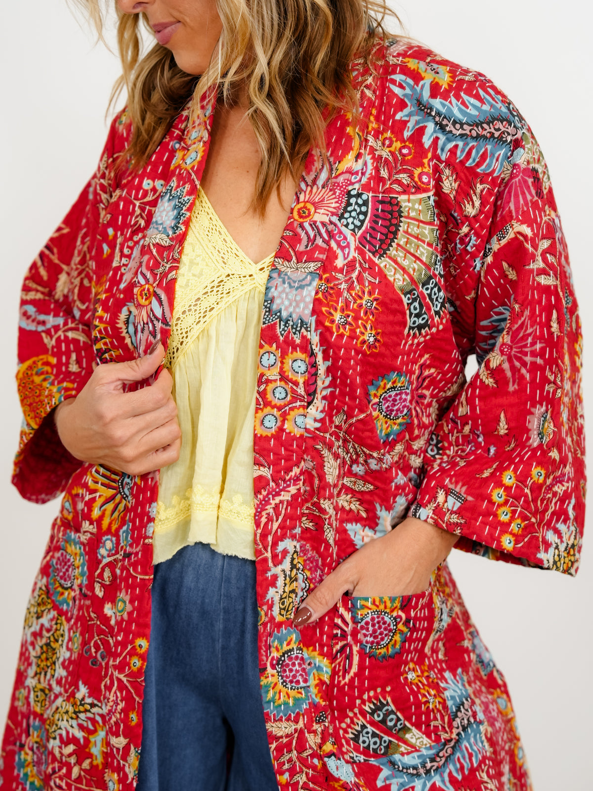 POL Quilted Paisley Short Sleeve Kimono Robe