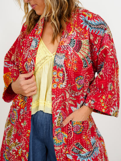 POL Quilted Paisley Short Sleeve Kimono Robe