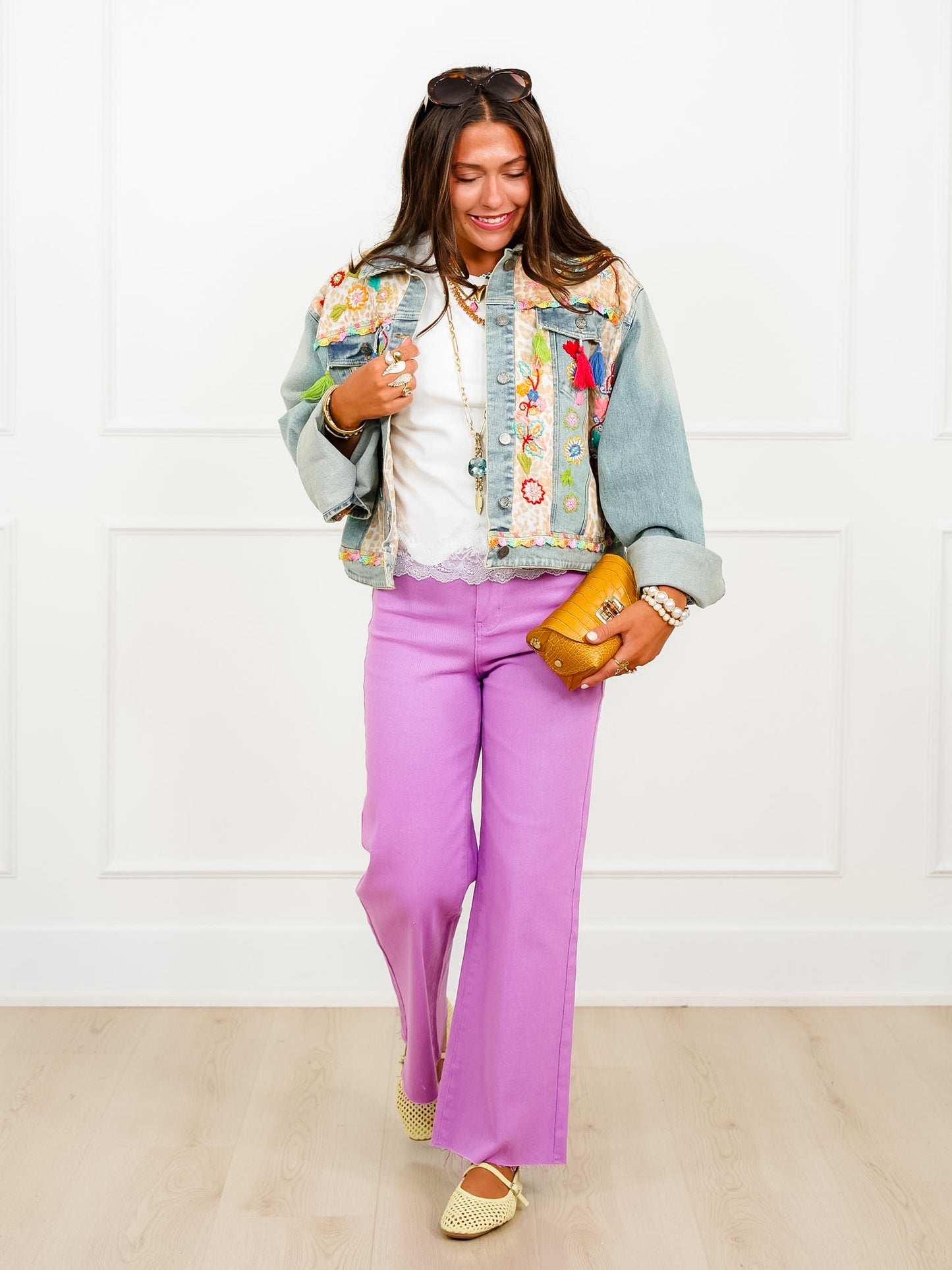 POL Embroidered Long Sleeve Button Up Jacket with Tassels