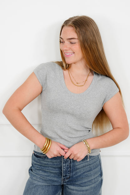 Ribbed Cap Sleeve Scoop Neck Top