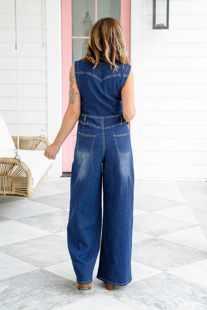 Dark Wash Sleeveless Button Up Jumpsuit