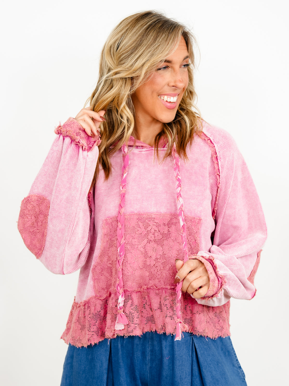 POL Thermal Long Sleeve Hooded Top with Lace Trim