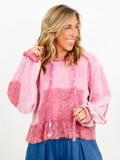 POL Thermal Long Sleeve Hooded Top with Lace Trim
