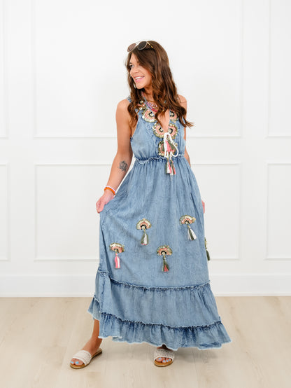 POL Sleeveless V Neck Maxi Dress with Crochet and Sequin Detail