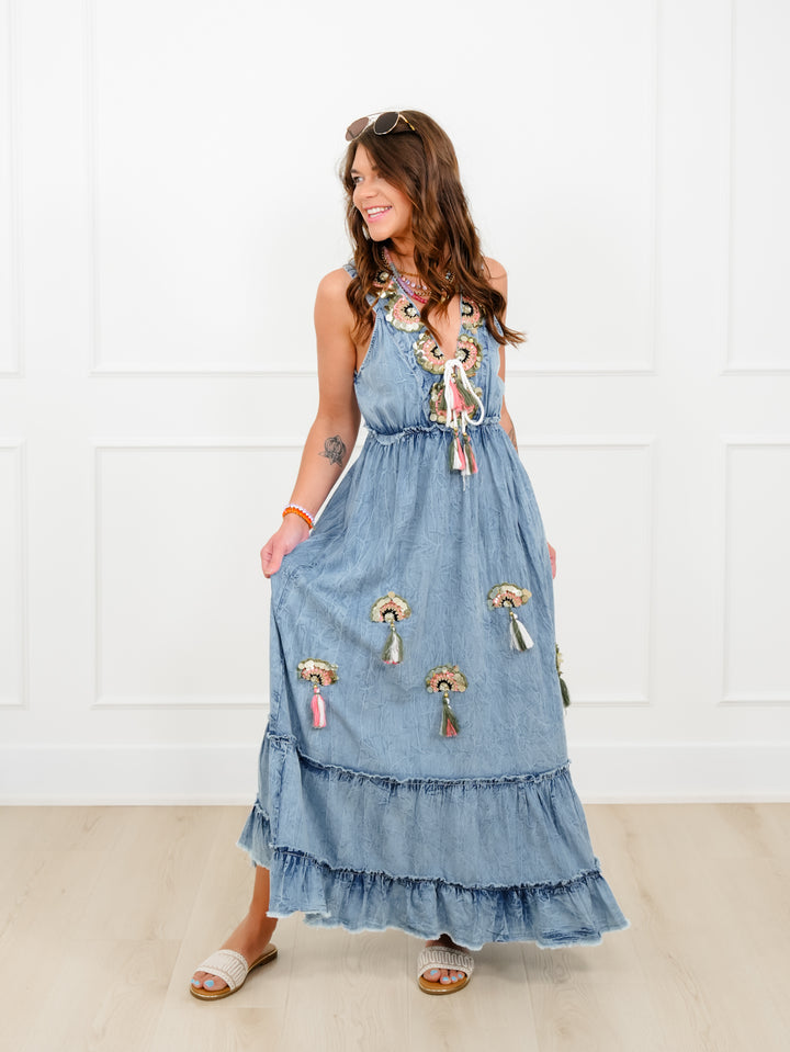 POL Sleeveless V Neck Maxi Dress with Crochet and Sequin Detail