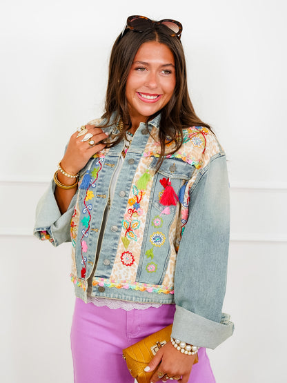 POL Embroidered Long Sleeve Button Up Jacket with Tassels