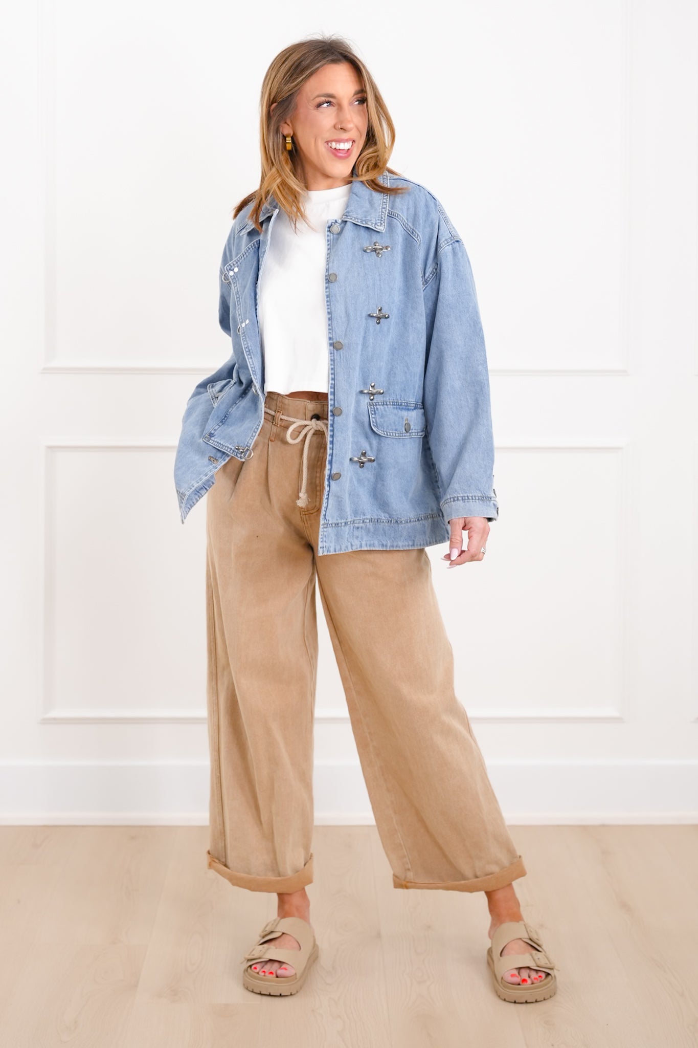 Light Wash Long Sleeve Barn Jacket with Buckle Details